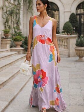 Maude Vivante Lavender Floral Slip Maxi Dress with Pockets